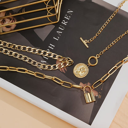 3pcs/Set Vintage Golden Coin Pendant Necklace Stackable Cuban Chain Necklace Women's Jewelry