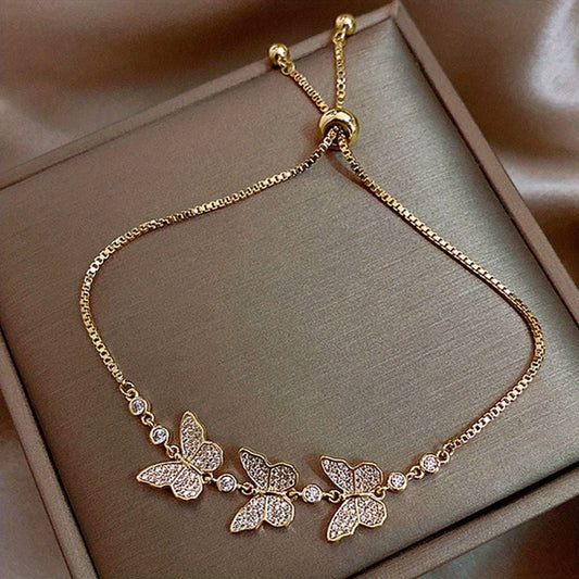 Adjustable Butterfly Chain Bracelet Inlaid Shiny Zircon 14K Plated Copper
