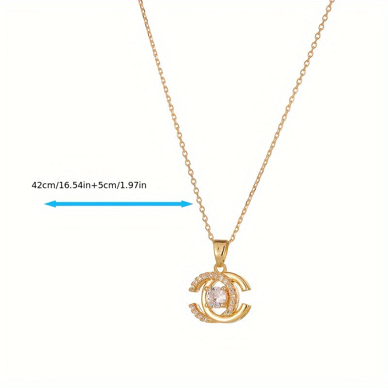 Double C Pendant Necklace With Synthetic Gems Decor, Elegant Style Alloy Clavicle Chain Female Accessories