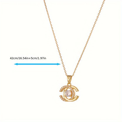 Double C Pendant Necklace With Synthetic Gems Decor, Elegant Style Alloy Clavicle Chain Female Accessories