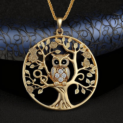 Delicate Hollow Animals Owl Tree Golden Round Pendant Necklace Jewelry