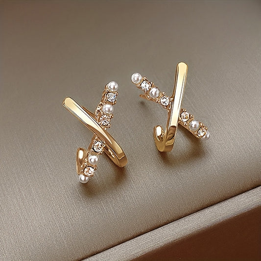 Tiny Delicate X Design Stud Earrings Zinc Alloy Jewelry Embellished With Imitation Pearl Elegant Simple Style For Women Daily Casual