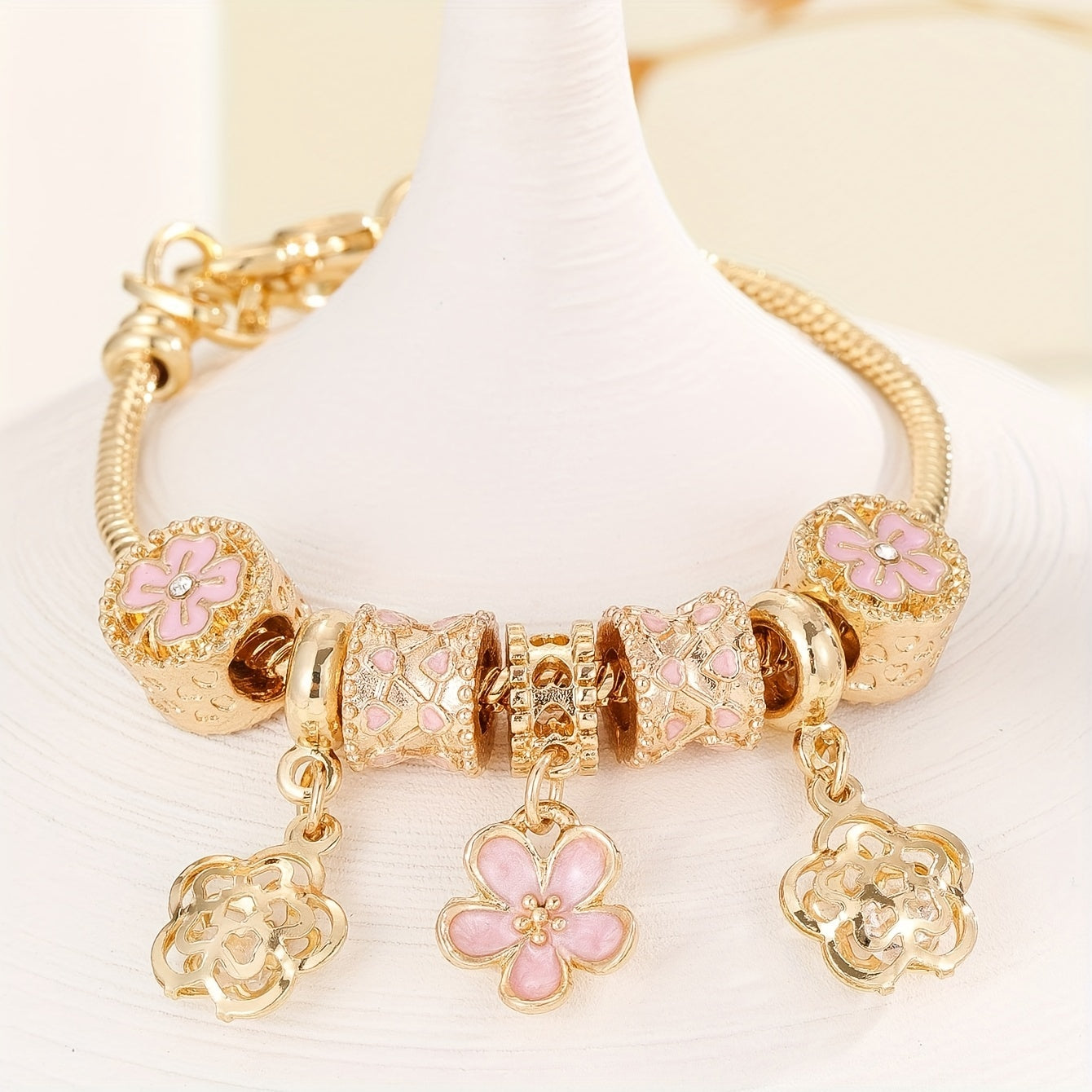 Pink Flower Pendant Bangle Bracelet Elegant Versatile Copper Hand Chain Jewelry