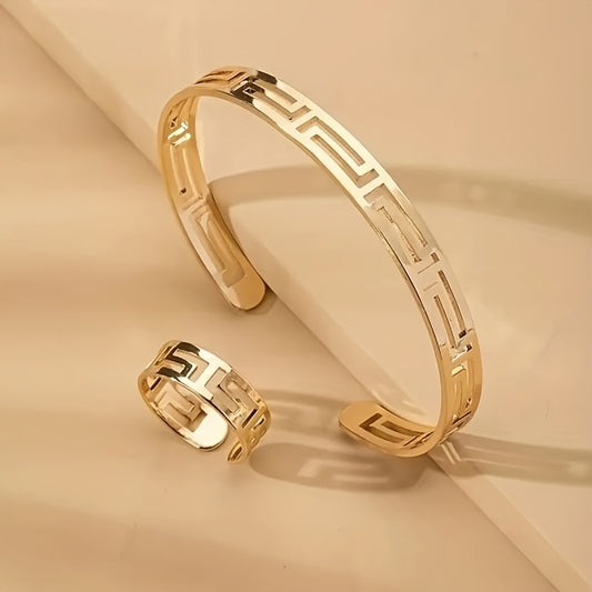 1 Ring + 1 Bangle Minimalist Style Jewelry Set Chic Hollow Design