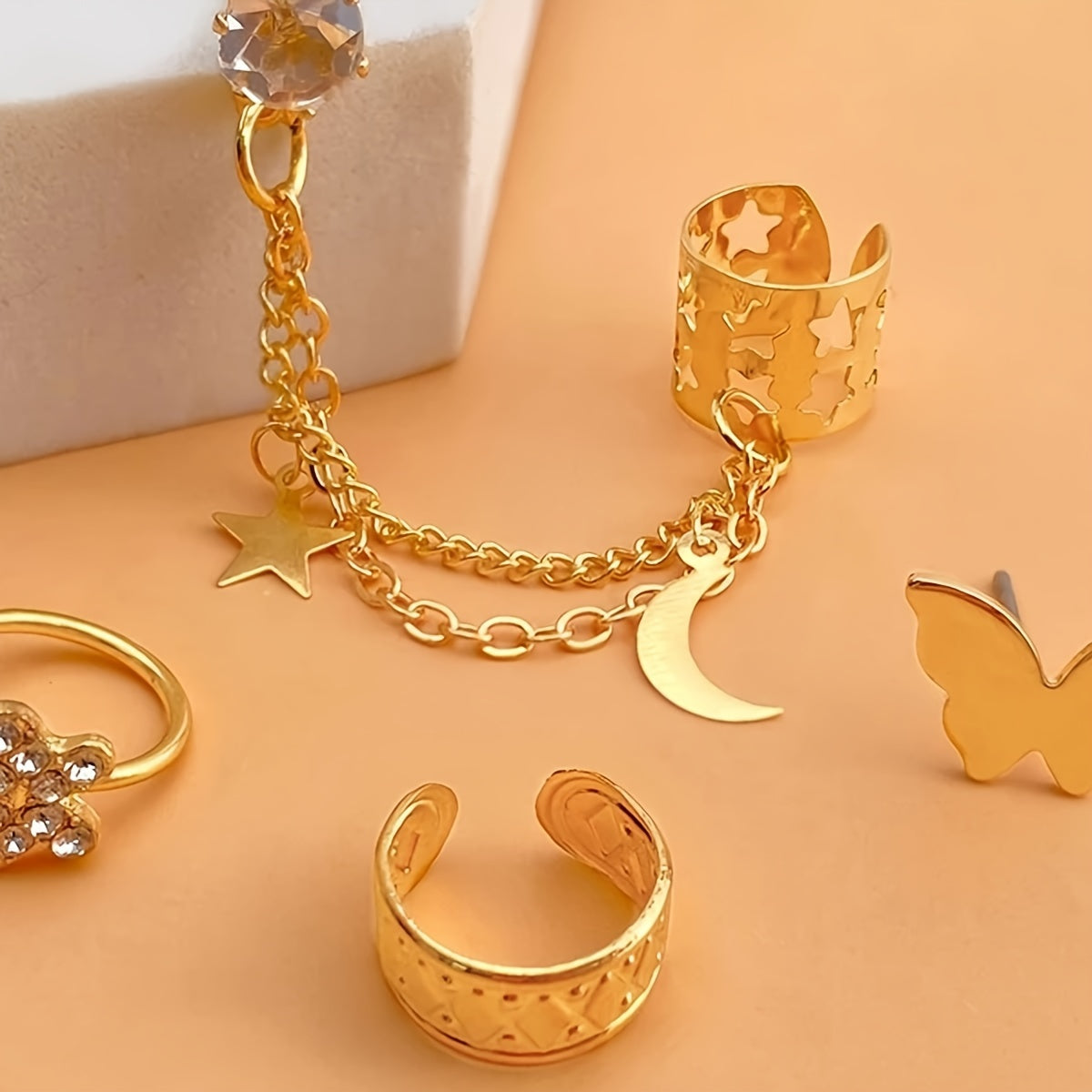 4pcs Star Moon Butterfly Ear Cuffs Set Trendy Golden Tassel Rhinestone Ear Clips Golden Stainless Steel Earrings