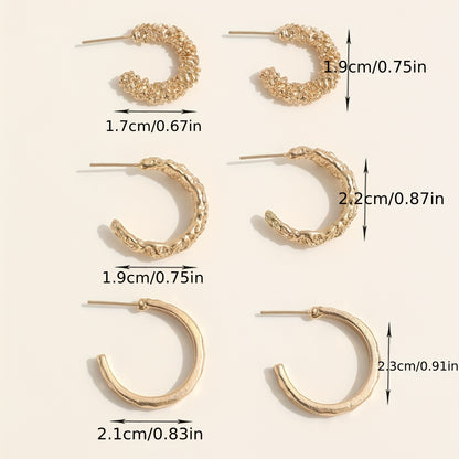 3 Pairs Golden Hoop Earrings Elegant