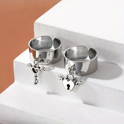 2pcs Fashion Wide Ring With Cute Key/ Lock Pendant Adjustable Cuff Ring
