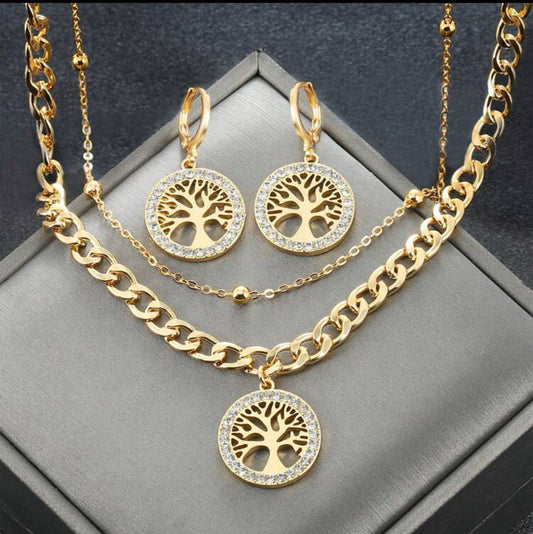 Set Classic Vintage Double Tree Of Life Pattern Pendant Necklace and Earring Golden Color