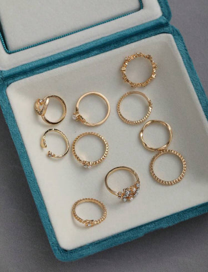 10pcs/set Fashionable Zinc Alloy Star & Moon & Rhinestone Decor Ring For Women