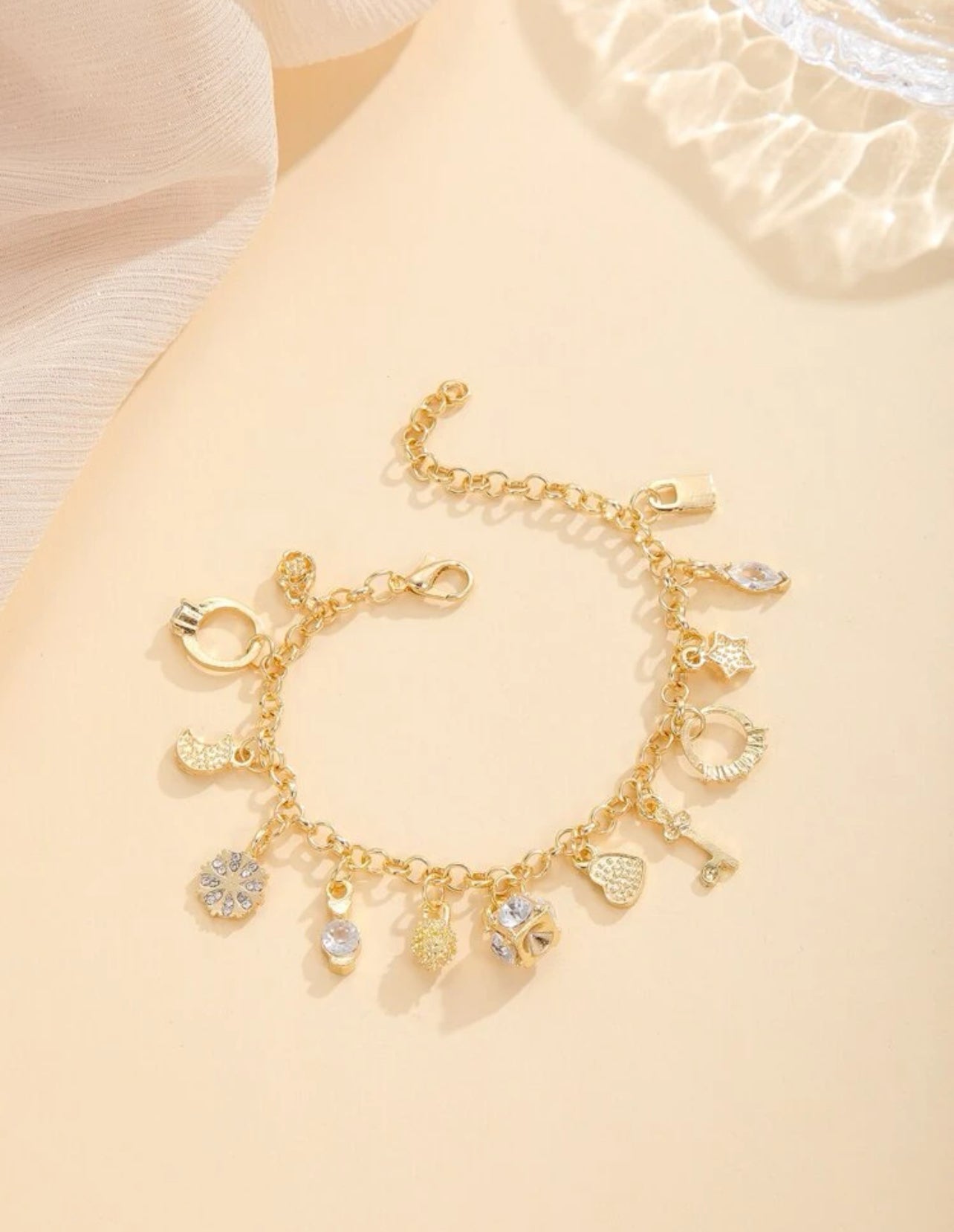 1pc Elegant Style Star Heart Key Pendant Bracelet Charm 18k Gold Plated Bracelet Chain