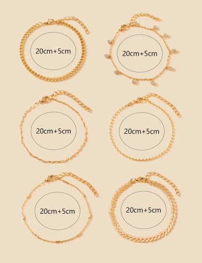 6pcs Simple Style Minimalist Stackable Thin Chain Anklet Set, Boho Style 18K Gold-plated Anklet Bracelet Set