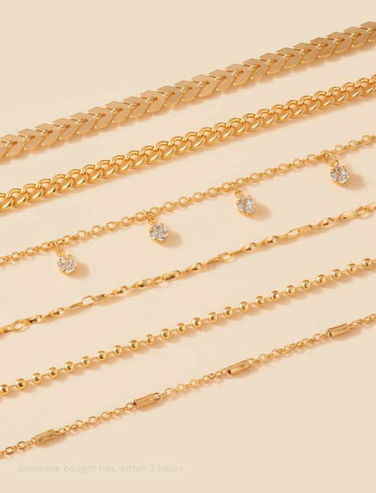 6pcs Simple Style Minimalist Stackable Thin Chain Anklet Set, Boho Style 18K Gold-plated Anklet Bracelet Set