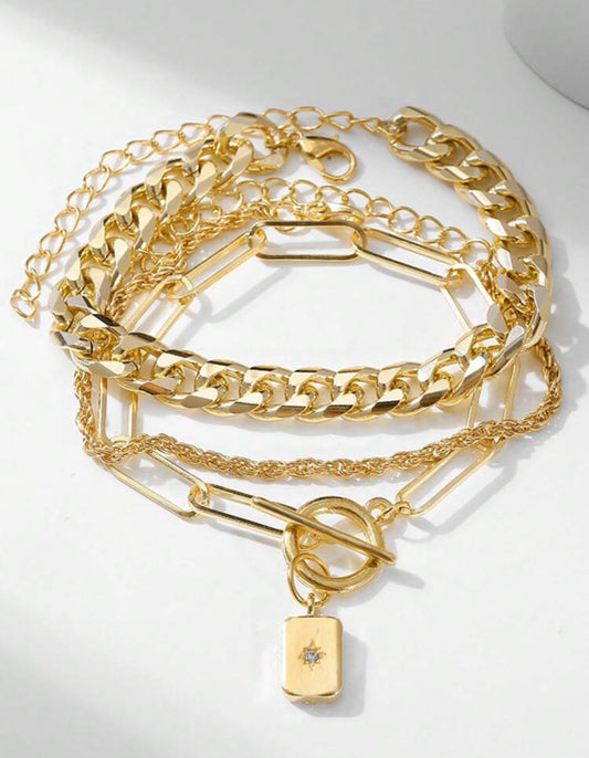 3-Piece Women's Fashion Retro Lock & Mixed Chain Bracelets, Hip-Hop Style Chunky Link Claw Chain Set