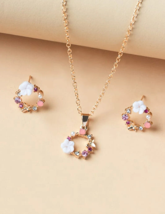 3pcs Shiny Multicolor Romantic Flower Design Stud Earrings, Necklace