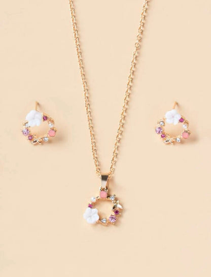 3pcs Shiny Multicolor Romantic Flower Design Stud Earrings, Necklace