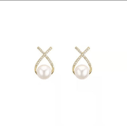 1pc Fashionable & Versatile Earrings With Crossed Pearl Design & Diamond Accents For Women, Elegant & Slimming, Sweet & Delicate Bow Detail Shaped Earrings