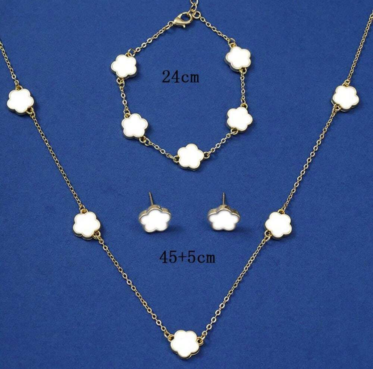 4pcs Ear Studs + Necklace + Bracelet Chic Jewelry Set Trendy Lucky Flower Design
