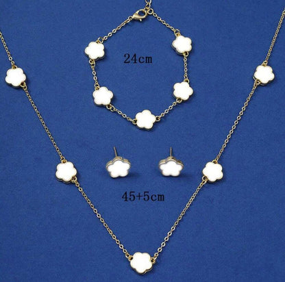 4pcs Ear Studs + Necklace + Bracelet Chic Jewelry Set Trendy Lucky Flower Design