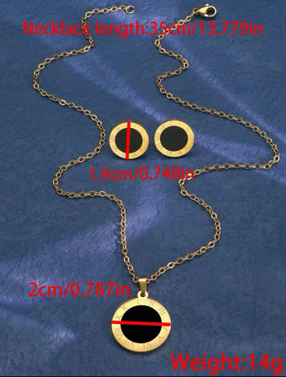 Geometric Round Jewelry Set Black Seashell Bordered Necklace Stud Earrings Jewelry Set