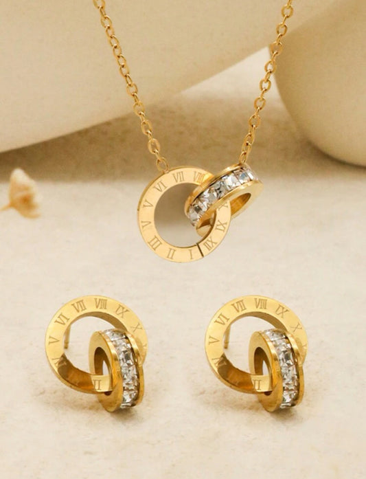 2pcs/set Stainless Steel Golden Faux Diamond Roman Numerals, Fashion Trendy Necklace Earrings Jewelry Set