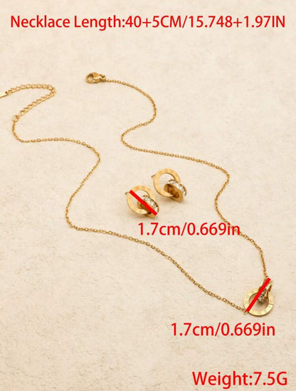 2pcs/set Stainless Steel Golden Faux Diamond Roman Numerals, Fashion Trendy Necklace Earrings Jewelry Set