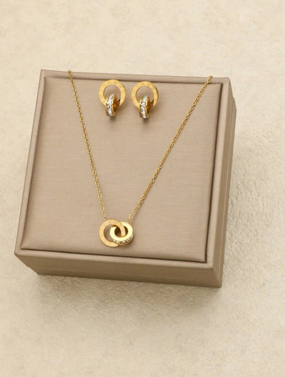 2pcs/set Stainless Steel Golden Faux Diamond Roman Numerals, Fashion Trendy Necklace Earrings Jewelry Set