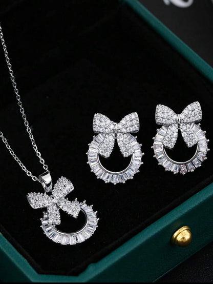 4pcs/Set Simple, Fashionable, Elegant, French Style Alloy Bow-Knot Shaped Pendant Necklace, Ring, Earrings For Women