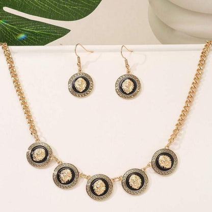 1set Fashionable Casual Classic Retro Elegant Geometric Alloy Earrings &Pendant Lion Head Great Wall Pattern Chain Jewelry