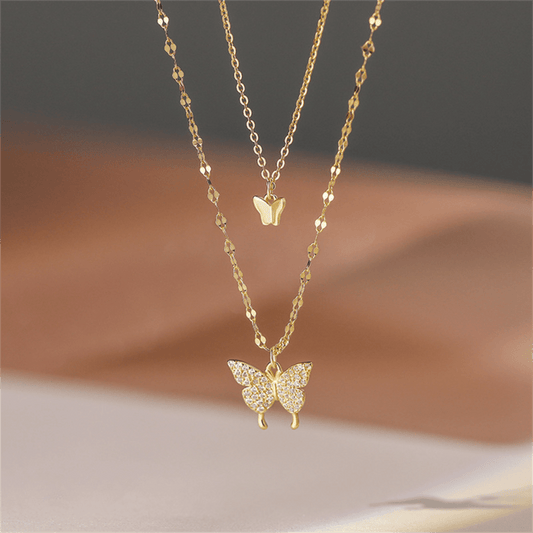 Double Layer Alloy Necklace With -encrusted Butterfly Pendant