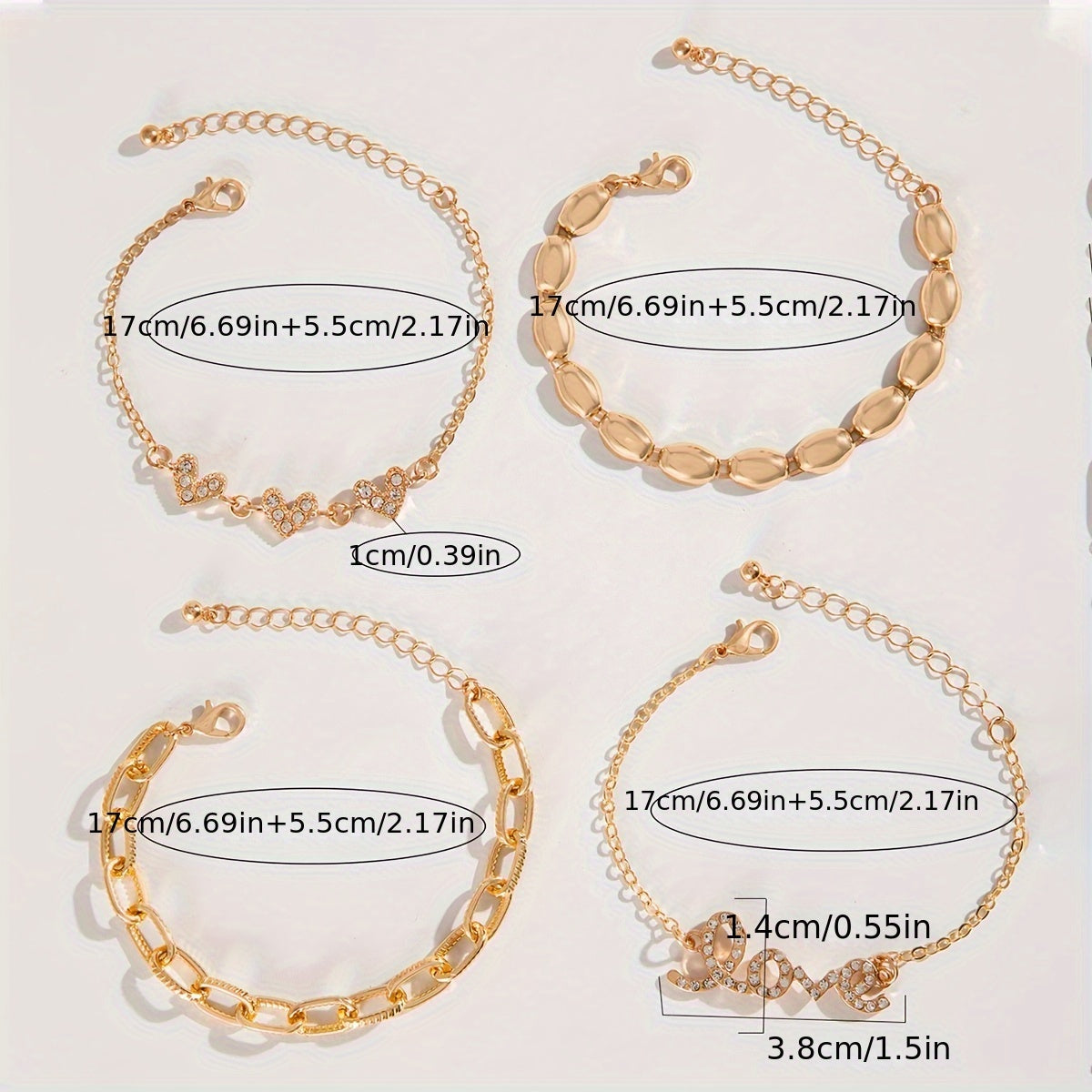4pcs Chic Bracelets Trendy Chain, Love, Heart Design Paved Shining Stone