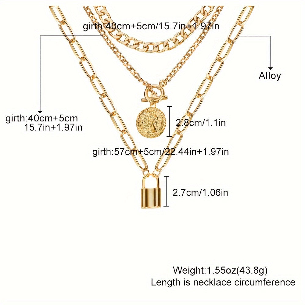 3pcs/Set Vintage Golden Coin Pendant Necklace Stackable Cuban Chain Necklace Women's Jewelry