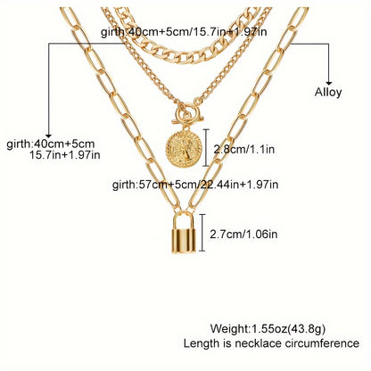 3pcs/Set Vintage Golden Coin Pendant Necklace Stackable Cuban Chain Necklace Women's Jewelry