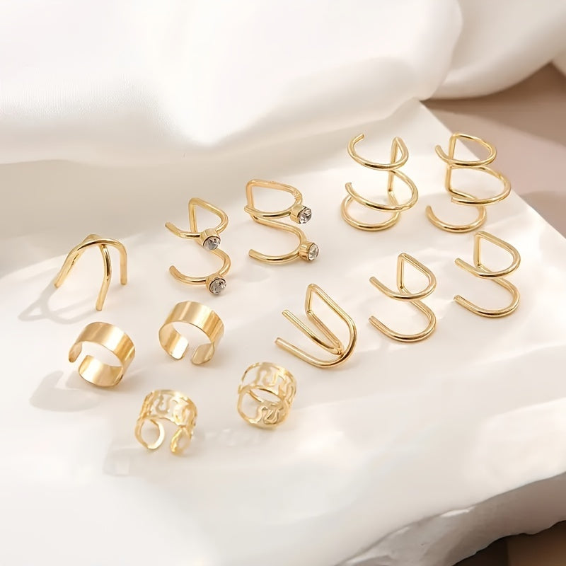 12 Pcs/set Of Tiny Exquisite Clip On Earrings Zinc Alloy Jewelry Rhinestones