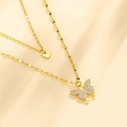 Double Layer Alloy Necklace With -encrusted Butterfly Pendant