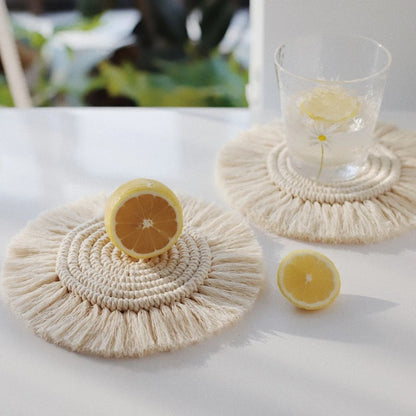 1Pc Round Cotton Braid Coaster Tassel Placemat Handmade Macrame Cup Cushion