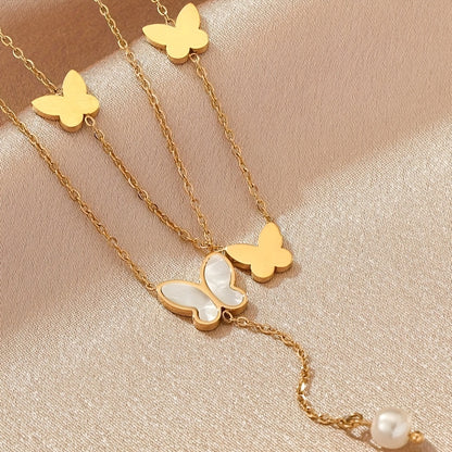 1pc Trendy Stainless Steel Double-layered Butterfly Pendant Necklace