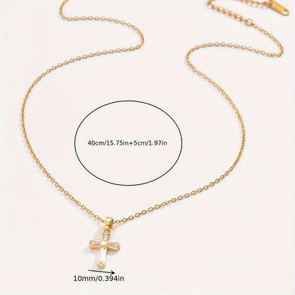 Golden Stainless Steel Cross Pendant Necklace, Retro Fashion Necklace