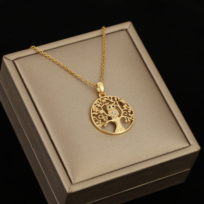 Delicate Hollow Animals Owl Tree Golden Round Pendant Necklace Jewelry