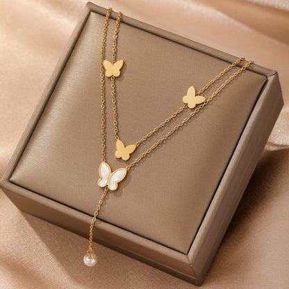 1pc Trendy Stainless Steel Double-layered Butterfly Pendant Necklace