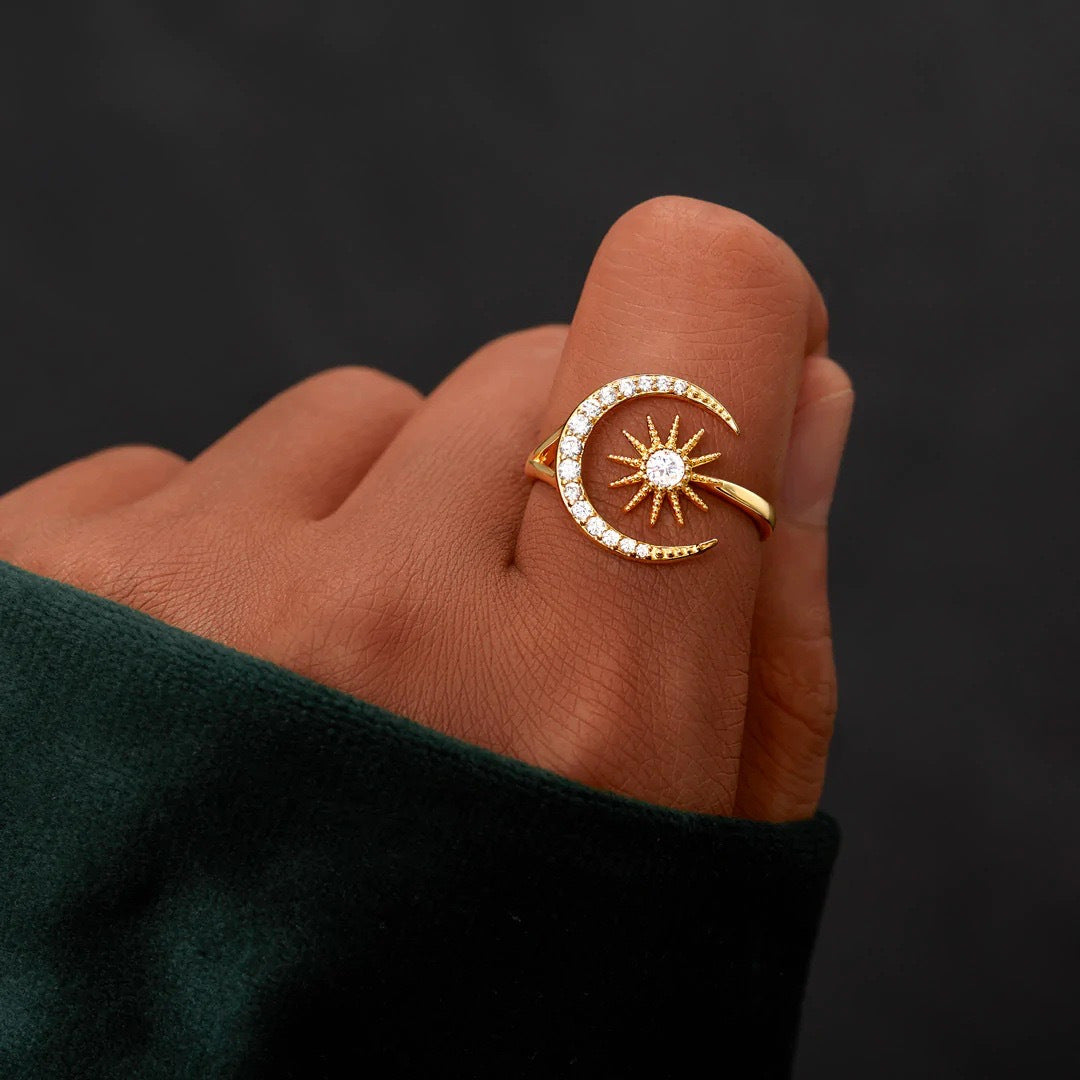 1pc Sun Moon Open Ring Inlaid Shiny Zircon Temperament Unique Finger Ring Jewelry Stylish Accessory Gift