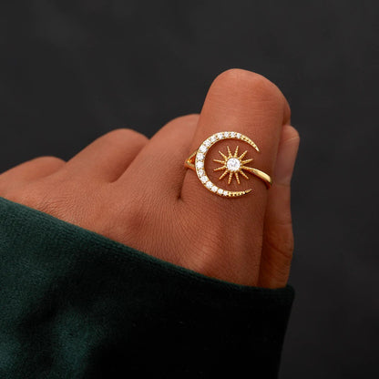 1pc Sun Moon Open Ring Inlaid Shiny Zircon Temperament Unique Finger Ring Jewelry Stylish Accessory Gift
