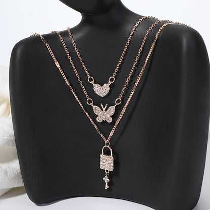 Three Layered Necklace With Inlaid Rhinestone Heart & Butterfly Pendant Design, Cute Lock Charm Jewelry