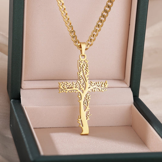 Creative Cross Shape Branch Tree Of Life Design Pendant Stainless Steel Necklace 18K Gold Plated Neck Jewelry