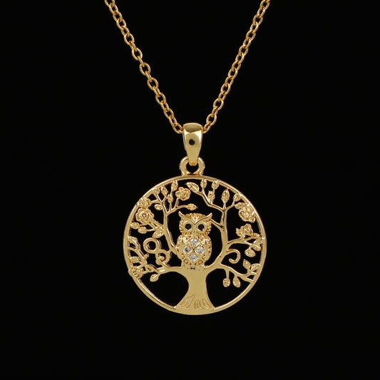Delicate Hollow Animals Owl Tree Golden Round Pendant Necklace Jewelry