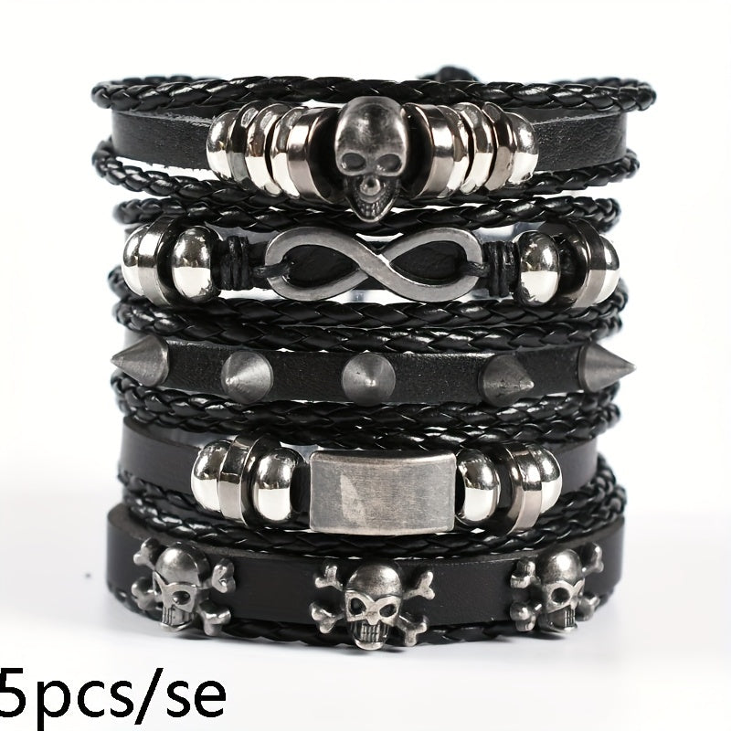 5pcs/set Men's Punk Style Alloy Figure Eight Skull Pu Leather Bracelet, Hip Hop Woven Set Bracelet