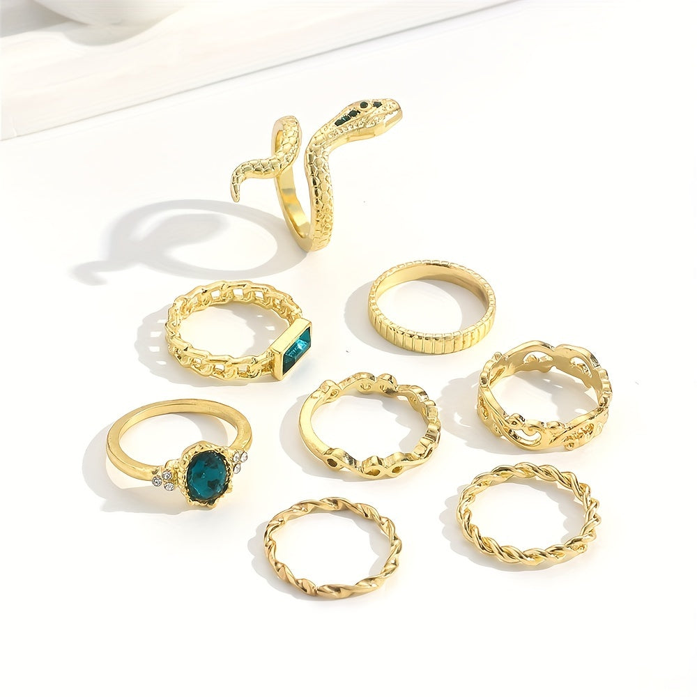 8pcs Vintage Stacking Rings Retro Snake/ Tide/ Geometry Design Inlaid Rhinestone Mix