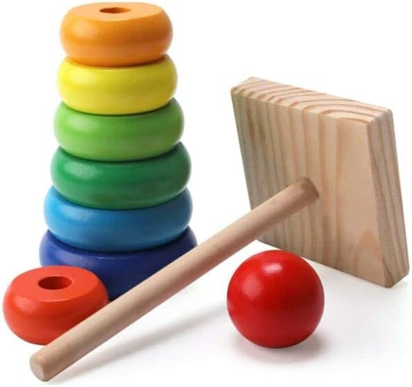 Wooden Rainbow Tower Ring Sorting Toys for Toddlers, Colorful Wooden Toy
