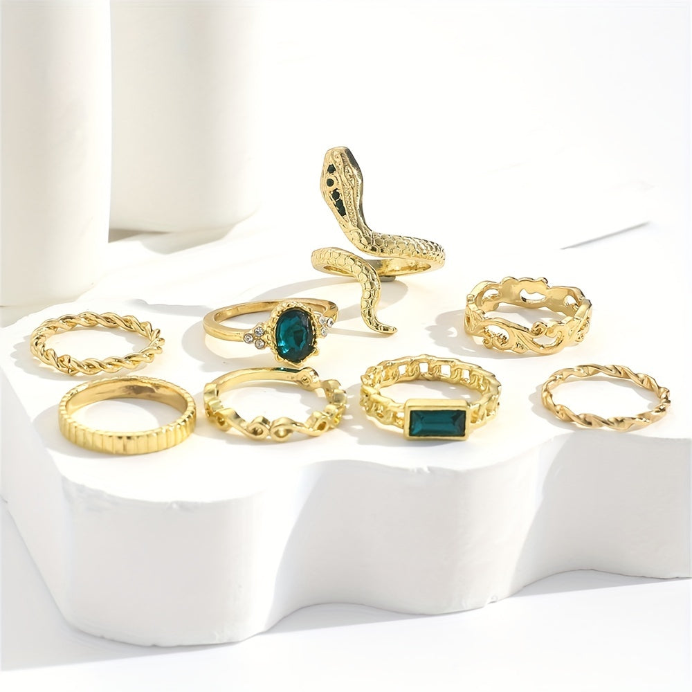 8pcs Vintage Stacking Rings Retro Snake/ Tide/ Geometry Design Inlaid Rhinestone Mix