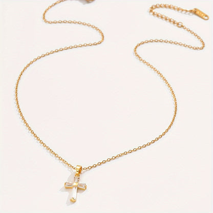 Golden Stainless Steel Cross Pendant Necklace, Retro Fashion Necklace