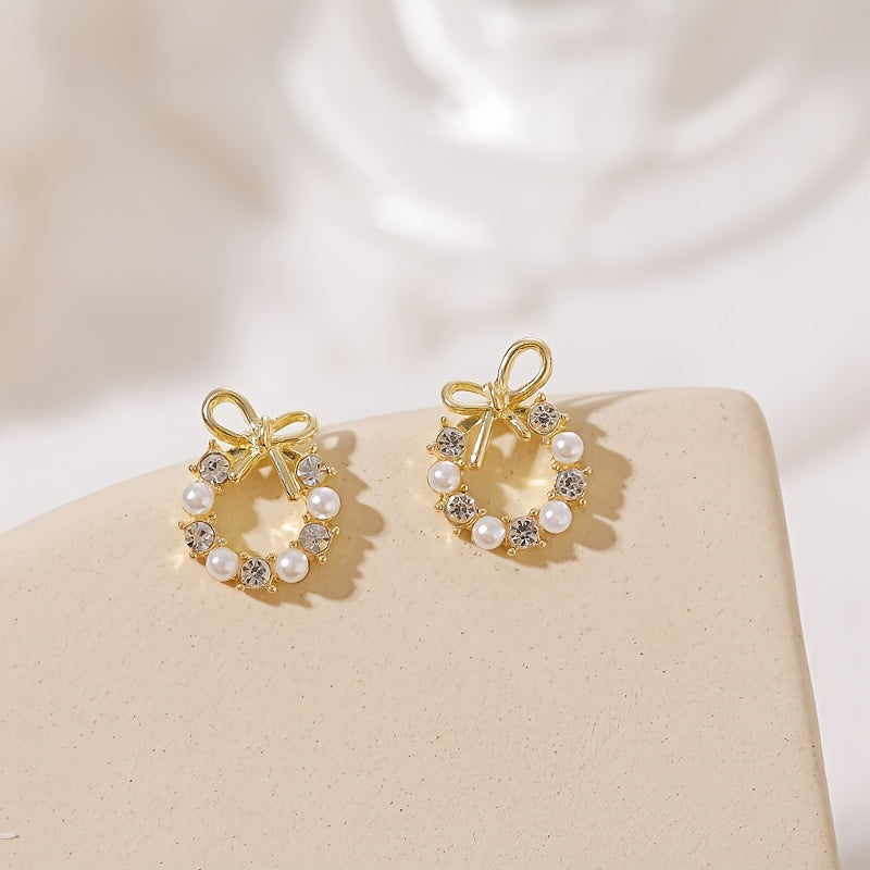 Tiny Delicate Bow With Wreath Design Stud Earrings